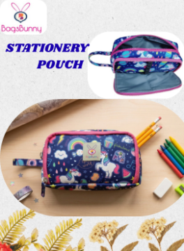 Stationery Pouch -2 zip unicorn pink